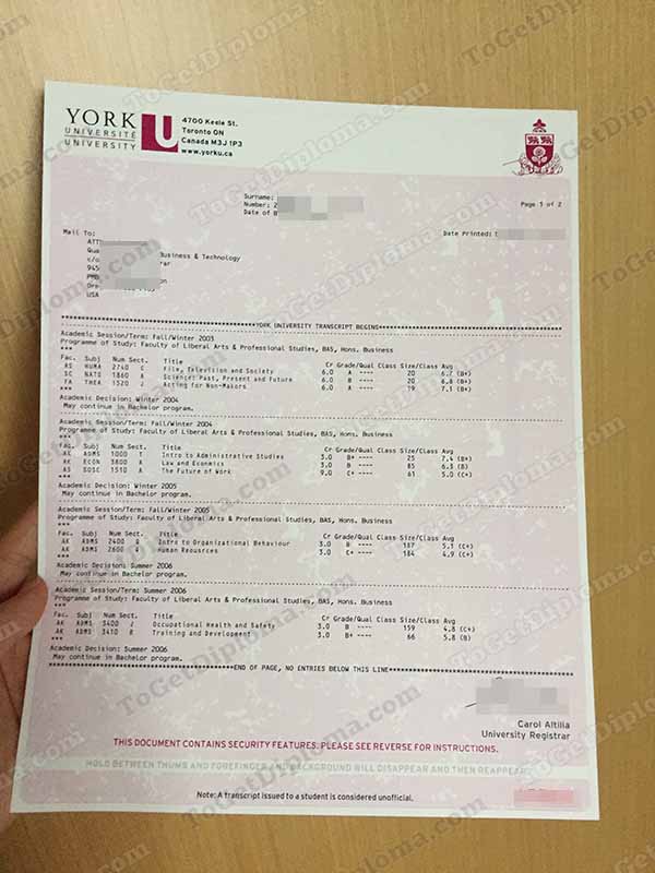 Design the York University Fake Transcript to Matching the Diploma